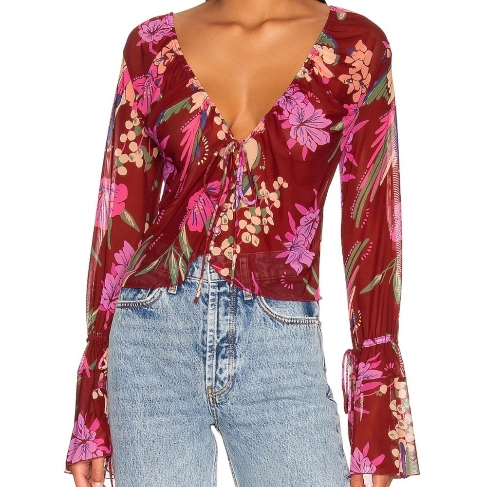 NWT Free People Sheer Floral Print Of Paradise bell sleeve tropical Top fairy